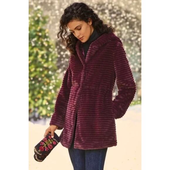 Soft Surroundings Women's Wine Purple Faux Fur Hooded Calais Snap Front Coat M - Picture 1 of 9